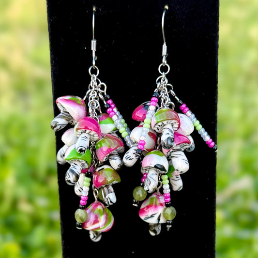 Dragonfruit Shroom Cluster - Polymer Clay Chandelier Earrings